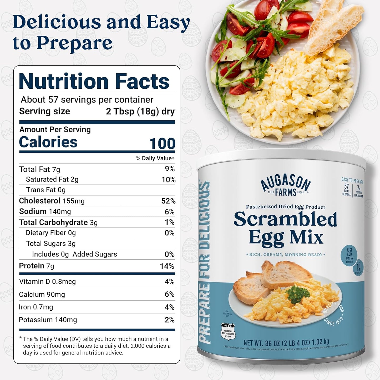 Pasteurized Scrambled Egg Mix Can – Emergency Food Supply, Dehydrated Scrambled Egg for Baking & Camping - Gluten Free Survival Food with Long Shelf Life - 57 Servings