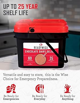 Whey Chocolate Powdered Milk Bucket - 60 Servings, Emergency Food Supply, Protein Camping Meals, Survival Kit & Camping Essentials, Bug Out Bag Supplies, up to 25 Year Shelf Stable Life