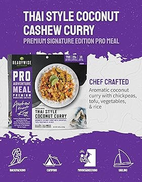 Outdoor Pro Adventure Meal - Thai Style Coconut Curry, 2 Servings, 1 Pouch, Vegan, Gluten Free, 750 Calories, 25G Protein, Freeze Dried & Dehydrated Camping Meals, up to 5 Year Shelf Life