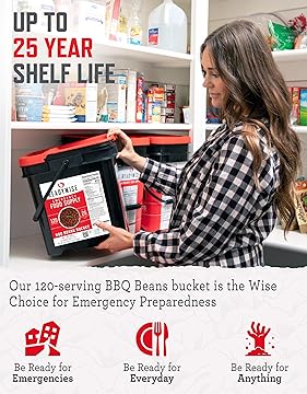Emergency Food Supply - 120 Servings BBQ Beans Bucket, Freeze Dried Protein Meals, Camping Essentials, Ready to Eat, Survival Disaster Prepping Supplies, up to 25 Year Shelf Life