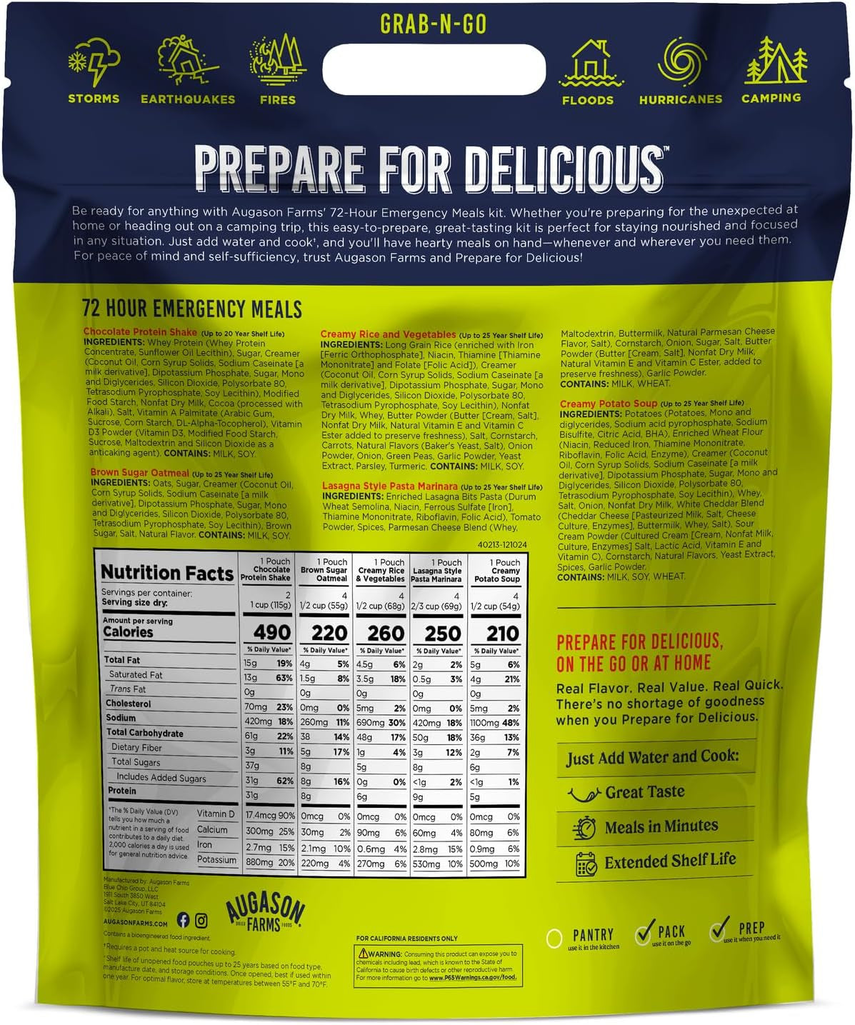 72 Hour Emergency Food Supply Kit, Dehydrated Meal Survival Food Pouches for 1 Person - 18 Servings