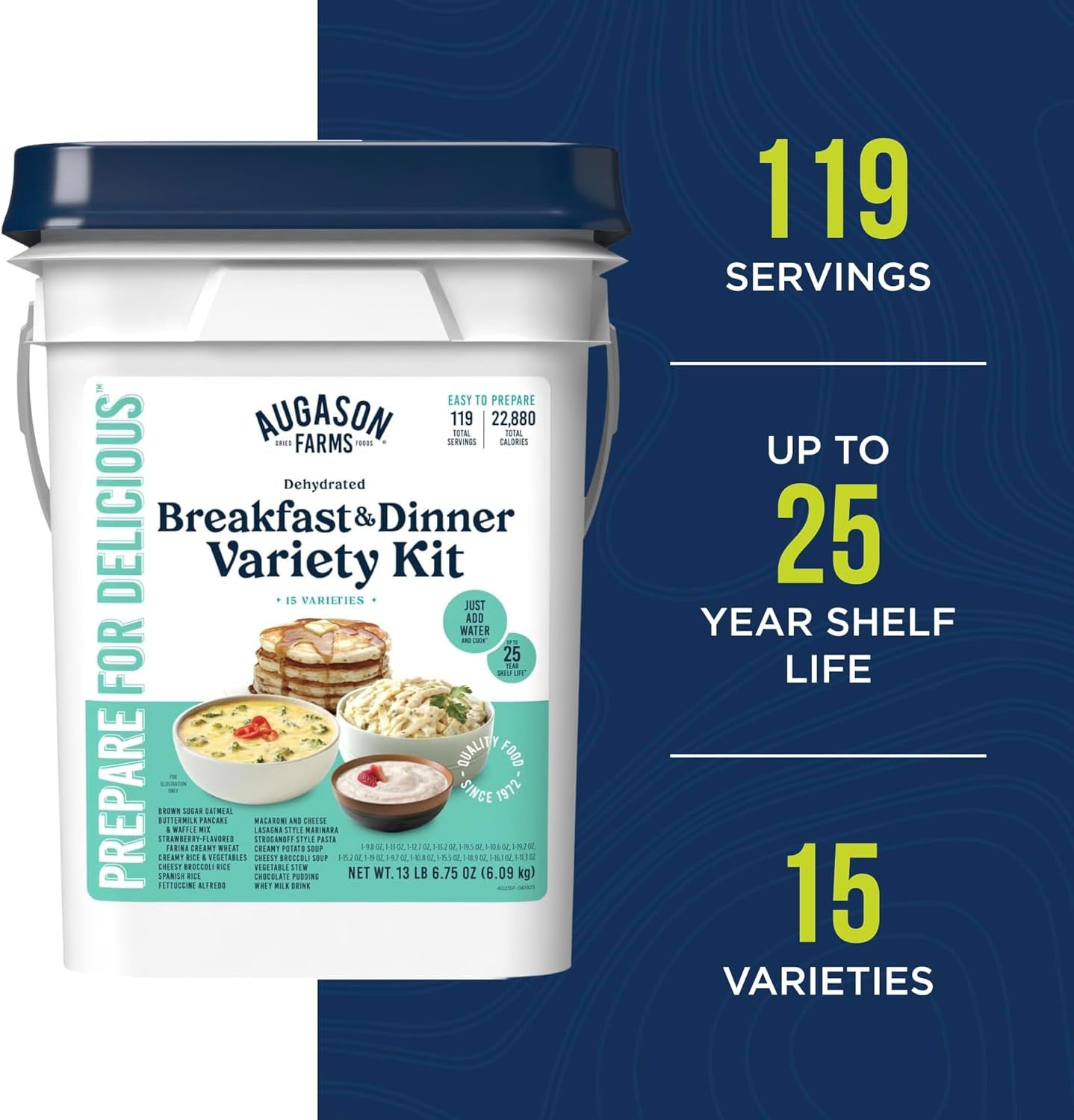 Breakfast and Dinner Variety Kit, Emergency Food Supply Dehydrated Meal Survival Bucket - 119 Servings