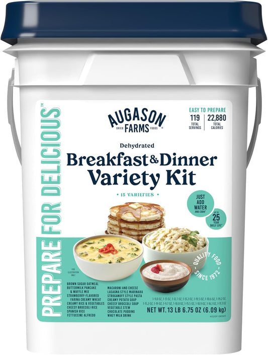 Breakfast and Dinner Variety Kit, Emergency Food Supply Dehydrated Meal Survival Bucket - 119 Servings