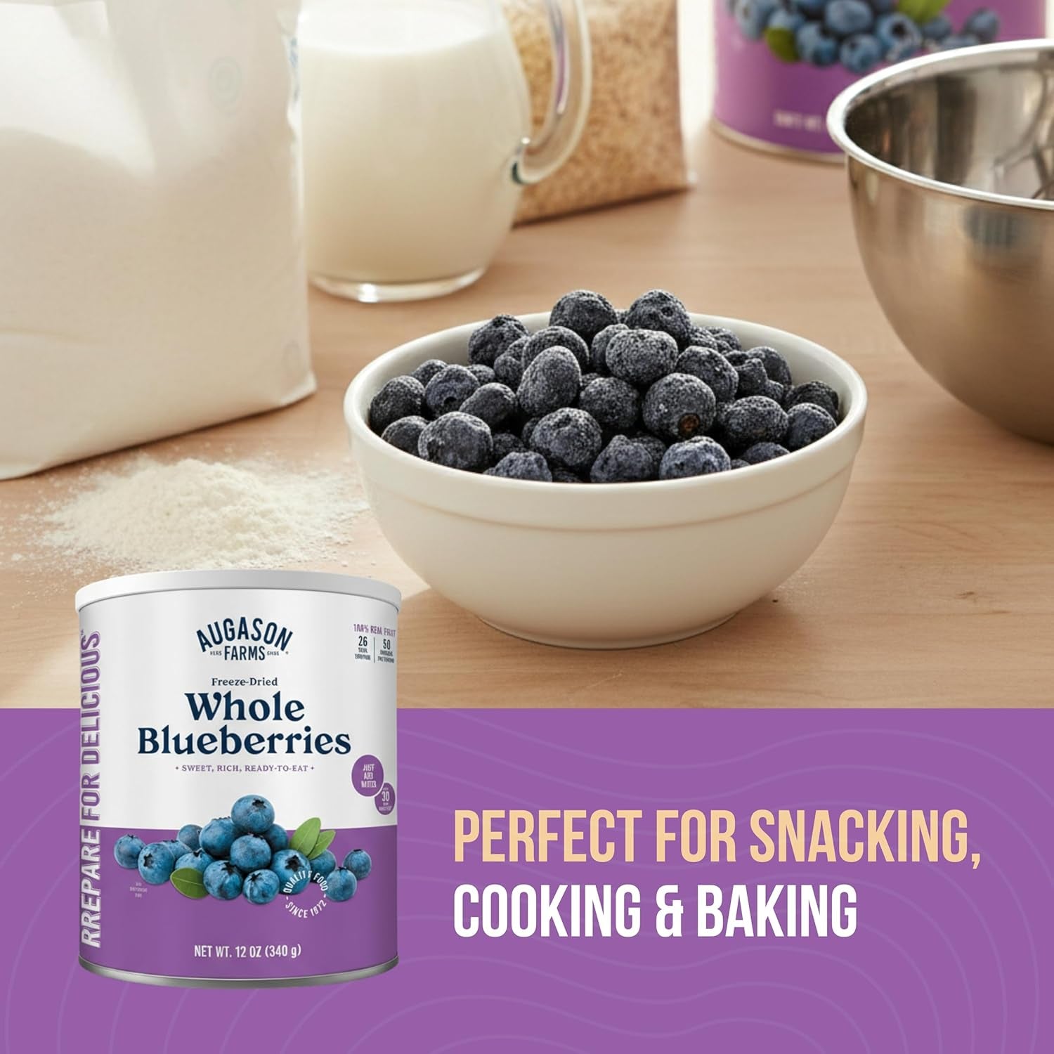 Freeze-Dried Whole Blueberries Emergency Food Supply, 26 Servings, 30 Year Shelf Life, Great for Cooking, Baking, and Snacks - Dehydrated Meals, Survival Food Camping Essentials Can