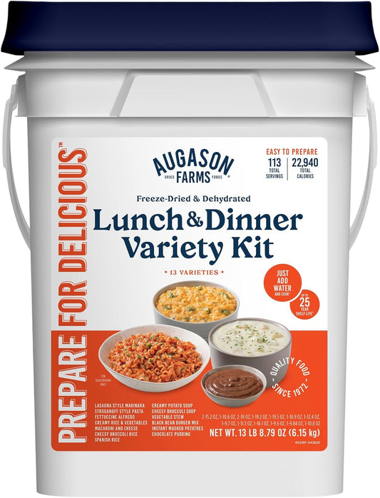 Lunch & Dinner Variety Kit Emergency Food Supply, 113 Servings, 25 Year Shelf Life - Dehydrated Meals, Survival Food Camping Essentials, 4 Gallon Bucket