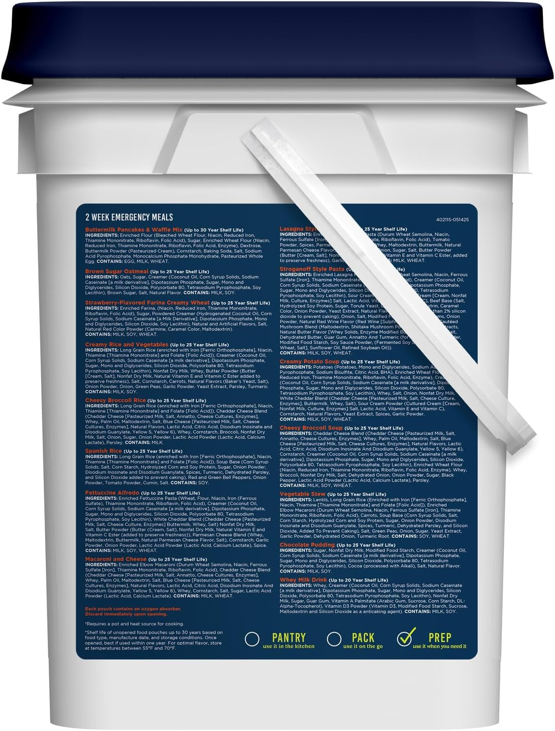 2 Week Emergency Food Supply Kit, Dehydrated Meal Survival Food Bucket for 1 Person - 119 Servings