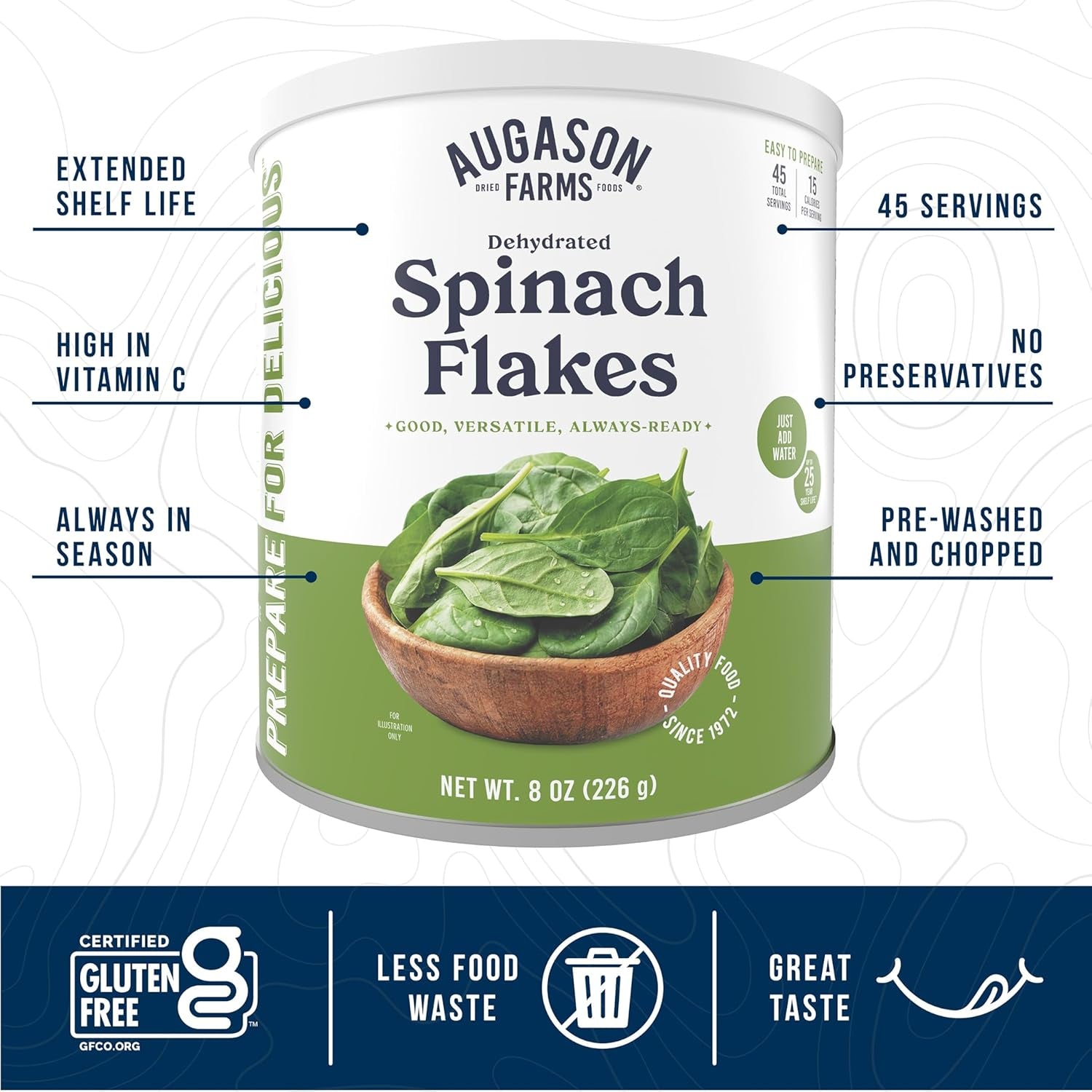 Dehydrated Spinach Flakes Emergency Food Supply, 45 Servings, 25 Year Shelf Life, 15 Calories per Serving - Dehydrated Meals, Survival Food Camping Essentials Can