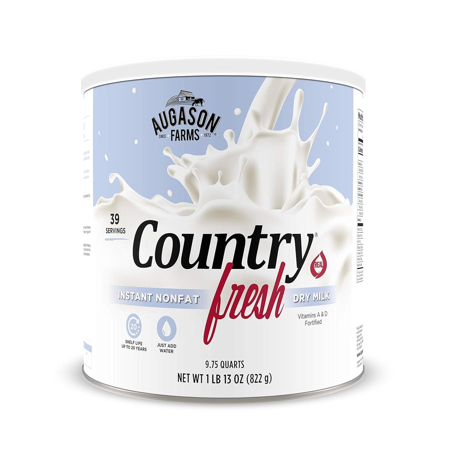 Country Fresh Instant Nonfat Dry Milk Powder, 39 Servings, 20 Year Shelf Life, Gluten Free - Canned Vitamin-Fortified Nonfat Milk Powder for Baking and Emergency Food Supplies