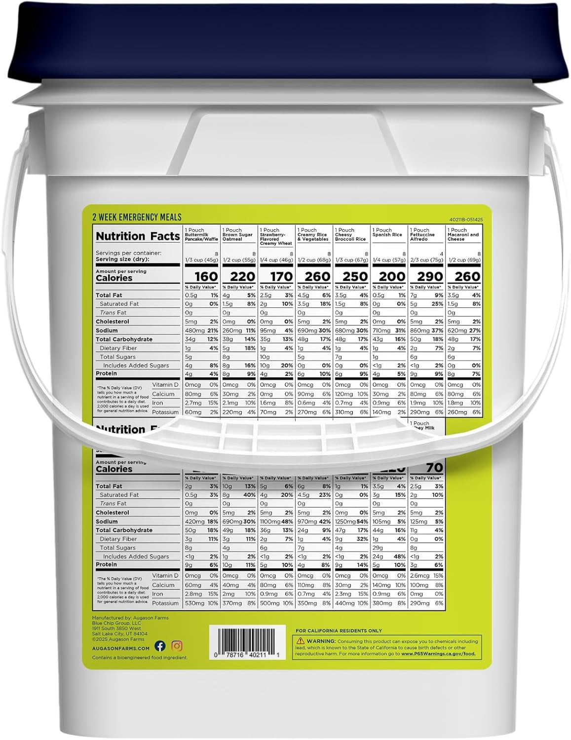 2 Week Emergency Food Supply Kit, Dehydrated Meal Survival Food Bucket for 1 Person - 119 Servings