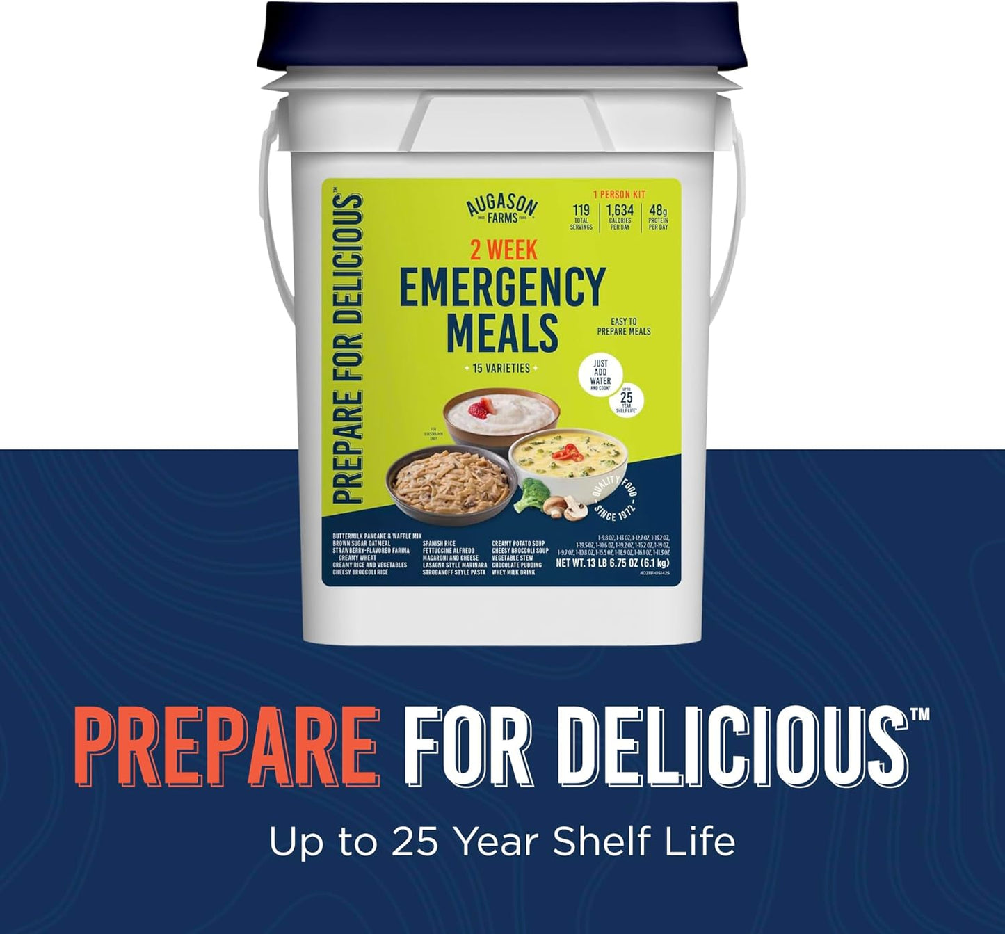 2 Week Emergency Food Supply Kit, Dehydrated Meal Survival Food Bucket for 1 Person - 119 Servings
