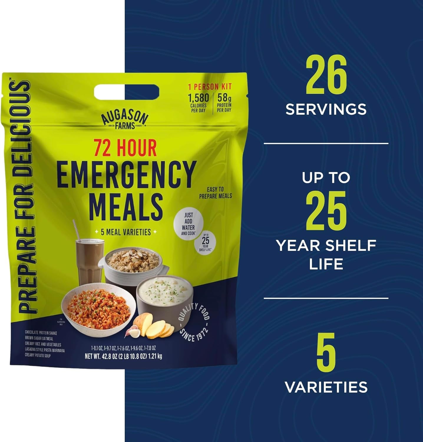 72 Hour Emergency Food Supply Kit, Dehydrated Meal Survival Food Pouches for 1 Person - 18 Servings