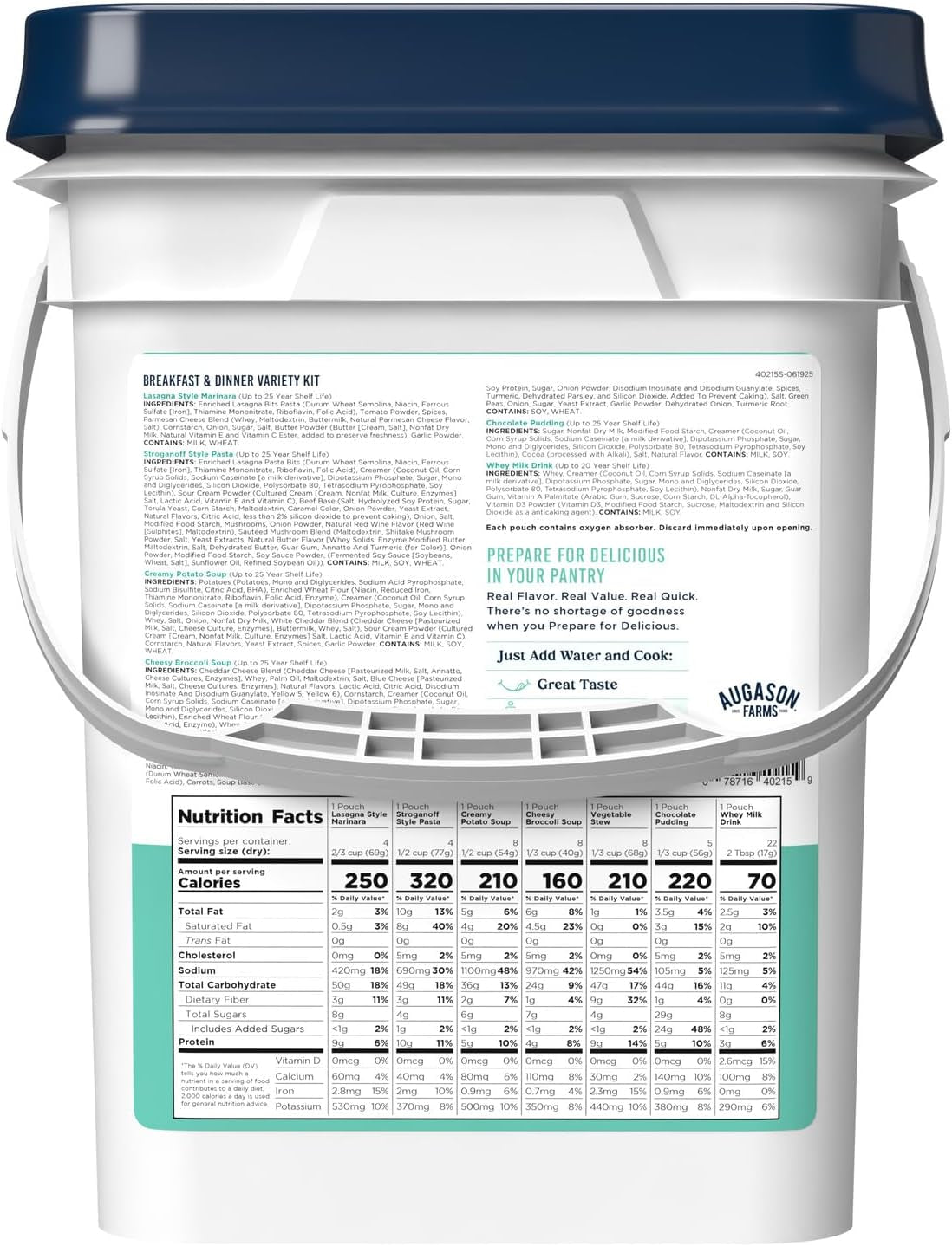 Breakfast and Dinner Variety Kit, Emergency Food Supply Dehydrated Meal Survival Bucket - 119 Servings