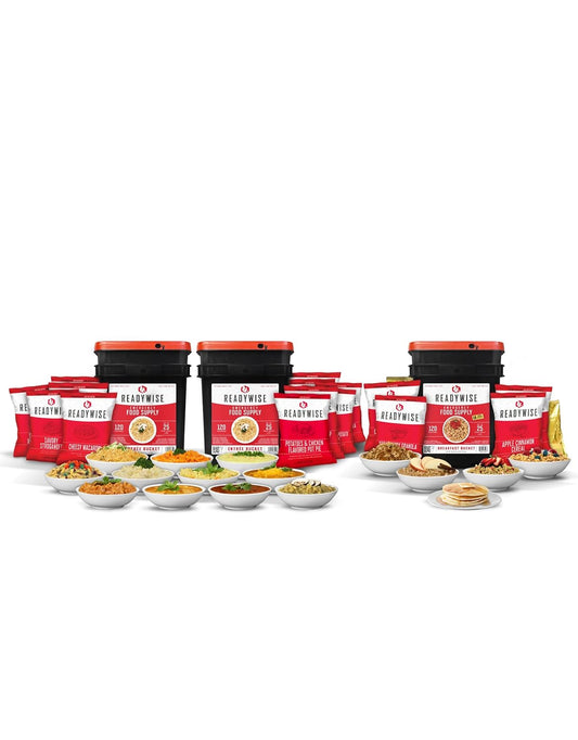 Emergency Food Supply - 360 Servings, 3 Buckets, Freeze Dried & Dehydrated Package of Long Term Meals, Survival Kit for Camping, Prepper Food Storage Supplies, up to 25 Year Shelf Life