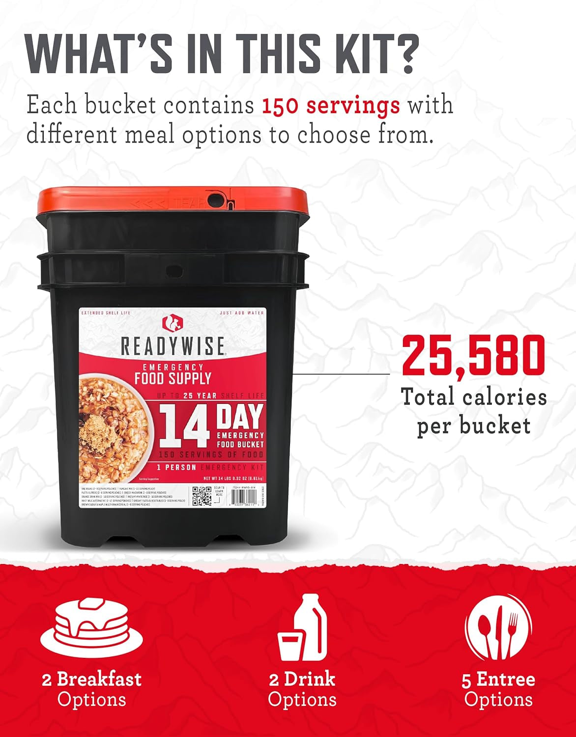 Emergency Food Supply - 14 Day, 150 Servings Emergency Freeze Dried Food Bucket, Protein Meals, Camping Essentials, Survival Kit, Disaster Prepping Supplies, up to 25 Year Shelf Life
