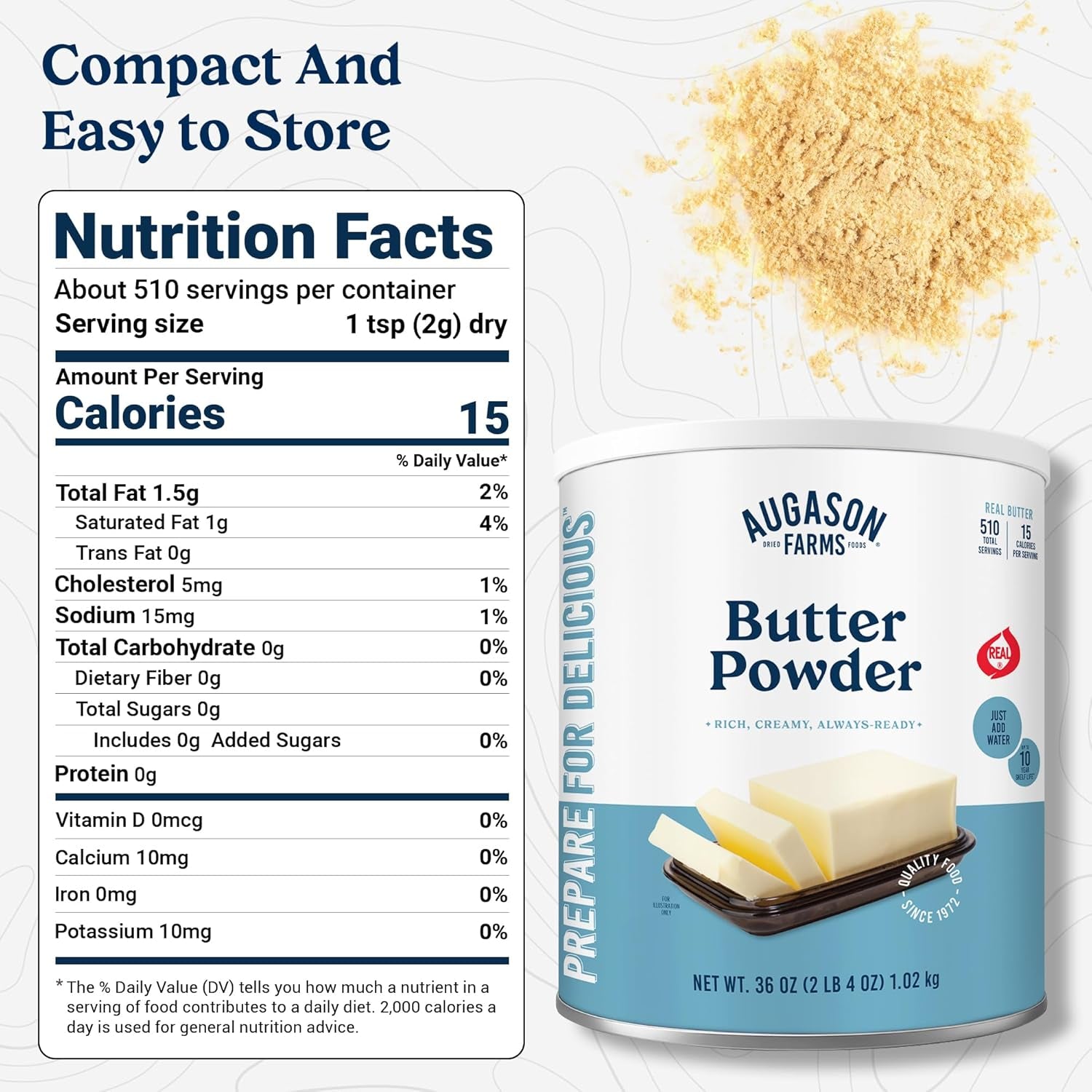 Butter Powder Mix Can Emergency Food Supply, 510 Servings, 10 Year Shelf Life, Certified Gluten Free, Made with Real Milk, 15 Calories per Serving - Dry Butter Powder Blend, Ingredient for Baking and Cooking