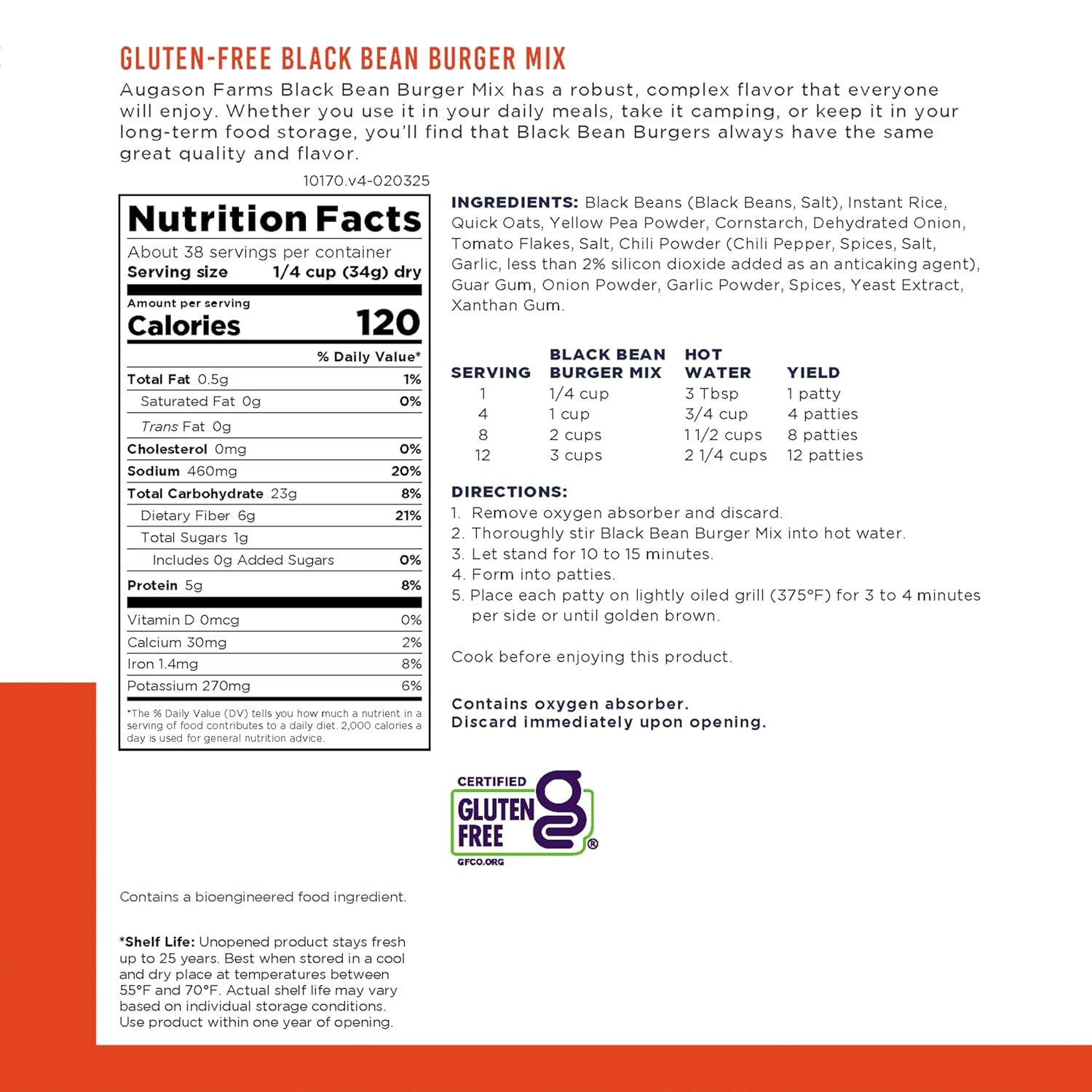 Black Bean Burger Mix Can, Certified Gluten Free, Emergency Food Supply, Everyday Meals, 38 Servings