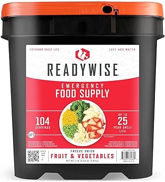 Emergency Food Supply - 104 Servings Freeze Dried Fruit and Vegetables Bucket, Protein Meals, Camping Essentials for Survival Food, Disaster Prepping Supplies, up to 25 Year Shelf Life