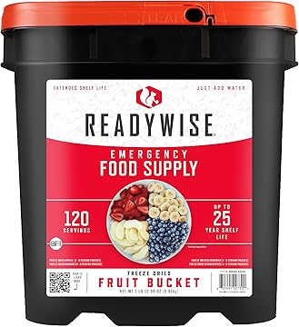 Emergency Food Supply - 120 Servings Fruit Bucket, Nutritious Meals, Dehydrated & Freeze Dried Food for Backpacking, Camping Essentials & Disaster Prepping Supplies, up to 25 Year Shelf Life