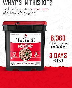 Emergency Food Supply - 88 Servings Meat & Rice Bucket, Freeze Dried Protein Meals, Camping Essentials, Bulk Rice & Survival Food, Disaster Prepping Supplies, up to 25 Year Shelf Life