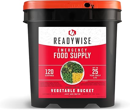 Emergency Food Supply - 120 Servings Freeze Dried Vegetables Bucket, Dehydrated Meals, Survival Food Kit for Backpacking, Camping Essentials & Prepping Supplies, up to 25 Year Shelf Life