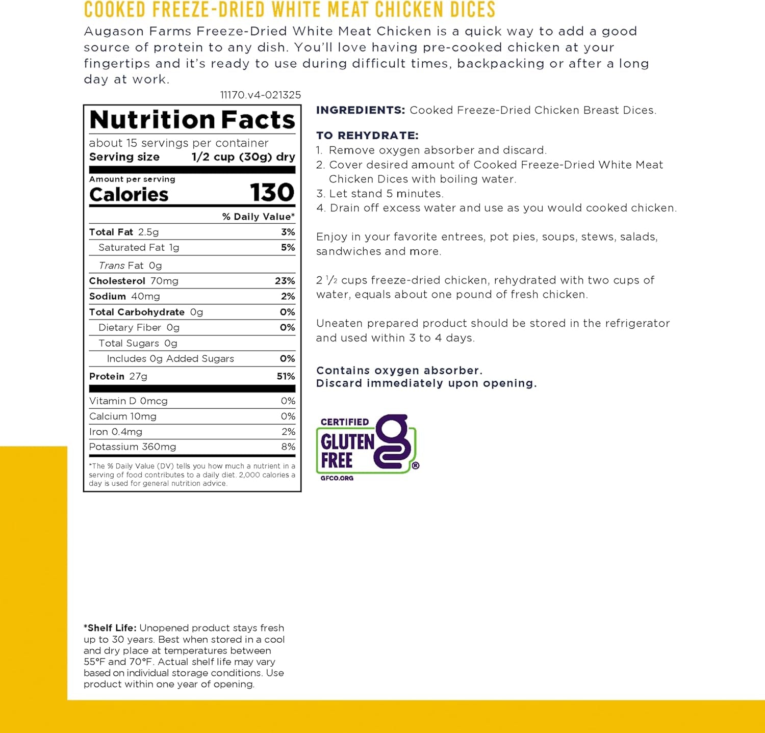 Cooked Freeze Dried White Meat Chicken Dices Can, Emergency Food Supply, Everyday Meals, 15 Servings