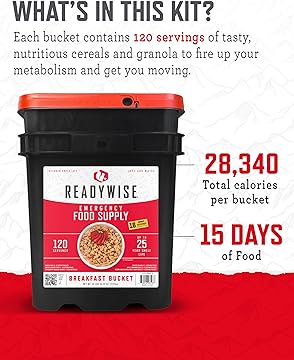 Emergency Food Supply - 120 Servings Breakfast Bucket, Freeze Dried & Dehydrated Meals, Survival Food Kit for Backpacking, Camping Essentials & Prepping Supplies, up to 25 Year Shelf Life