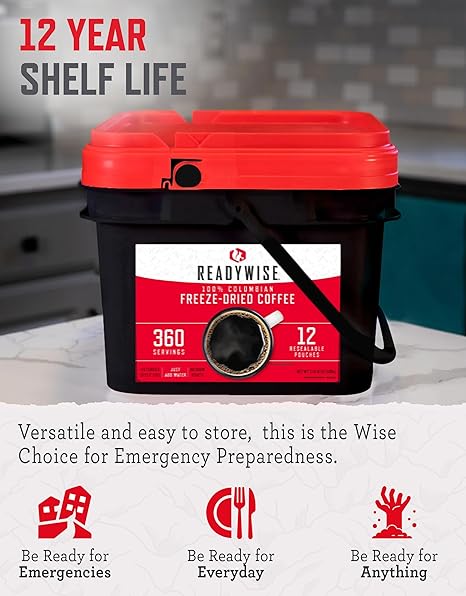 Emergency Food Supply - 360 Servings Freeze Dried Coffee Bucket, Survival Food, Instant Coffee Packets for Backpacking, Camping Essentials & Prepping Supplies, up to 15 Year Shelf Life