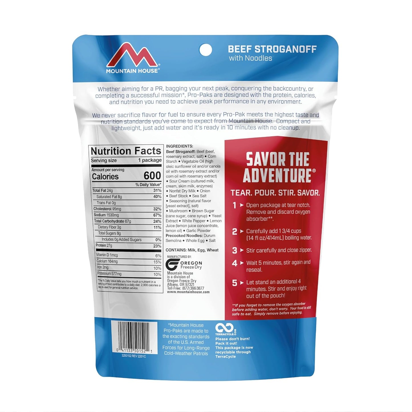 Beef Stroganoff Pro-Pak | High Protein | Freeze-Dried Camping Meal | No Artificial Flavors, Colors or Preservatives | 1 Serving