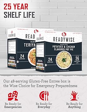 Emergency Food Supply - 48 Servings Gluten Free Entrées, 2 Boxes, Freeze Dried Survival Prepper Food & Dehydrated Meals, Camping Essentials for Backpacking, up to 25 Year Shelf Life