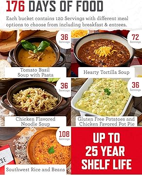 Emergency Food Supply - 1440 Servings Breakfast & Entrée Buckets, Protein Meals & Freeze Dried Bulk Food, Survival Kit for Backpacking & Camping Essentials, up to 25 Year Shelf Life