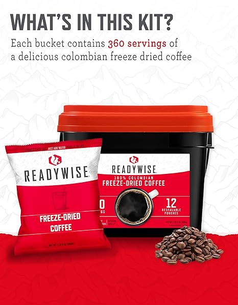 Emergency Food Supply - 360 Servings Freeze Dried Coffee Bucket, Survival Food, Instant Coffee Packets for Backpacking, Camping Essentials & Prepping Supplies, up to 15 Year Shelf Life