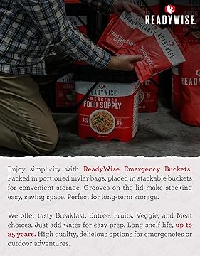 Emergency Food Supply - 120 Servings Breakfast Bucket, Freeze Dried & Dehydrated Meals, Survival Food Kit for Backpacking, Camping Essentials & Prepping Supplies, up to 25 Year Shelf Life