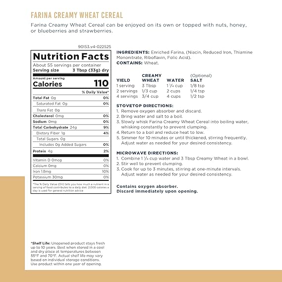 Creamy Wheat Cereal Can Emergency Food Supply, 55 Servings, 10 Year Shelf Life - Instant Breakfast Food and Healthy Snack