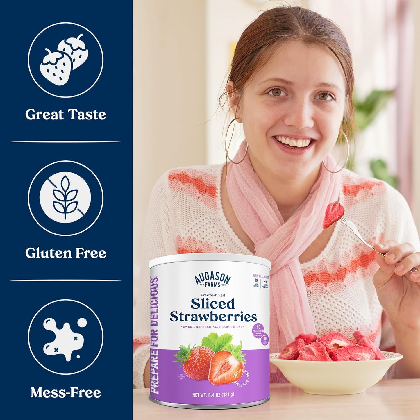 Freeze Dried Sliced Strawberries Can - Gluten Free Snack for Baking, Smoothies, and Emergency Storage - Healthy Individual Fruit Snacks – 6.5 Ounces (18 Servings)