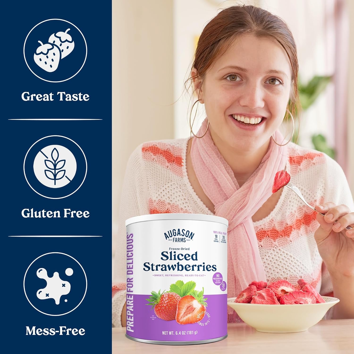 Freeze Dried Sliced Strawberries Can - Gluten Free Snack for Baking, Smoothies, and Emergency Storage - Healthy Individual Fruit Snacks – 6.5 Ounces (18 Servings)