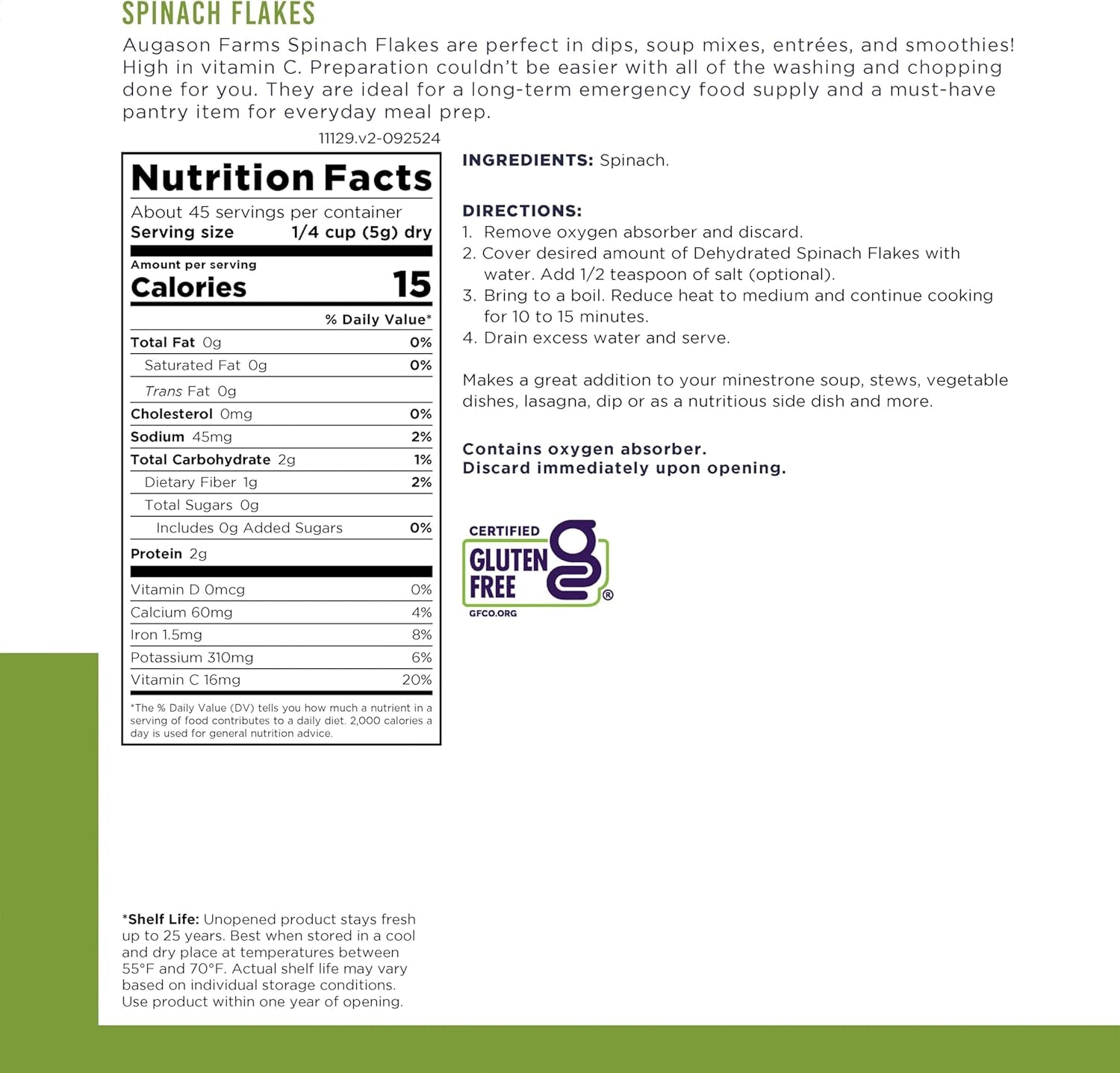 Dehydrated Spinach Flakes Emergency Food Supply, 45 Servings, 25 Year Shelf Life, 15 Calories per Serving - Dehydrated Meals, Survival Food Camping Essentials Can