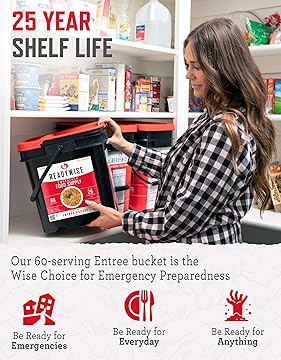 Entrée Bucket - 60 Servings, Emergency Food Supply for Survival Kit, Protein Meals, Freeze Dried Food, Ready to Eat Camping & Road Trip Essentials, up to 25 Year Shelf Stable Life