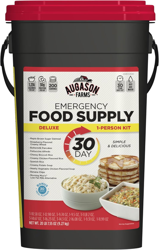 One Person 30 Day Emergency Food Supply, 200 Servings, 25 Year Shelf Life, Feeds 1 Person, 10 Meal Varieties - Survival Food Camping Essentials, Family Meals Prepared Dinner, Lunch, and Breakfast