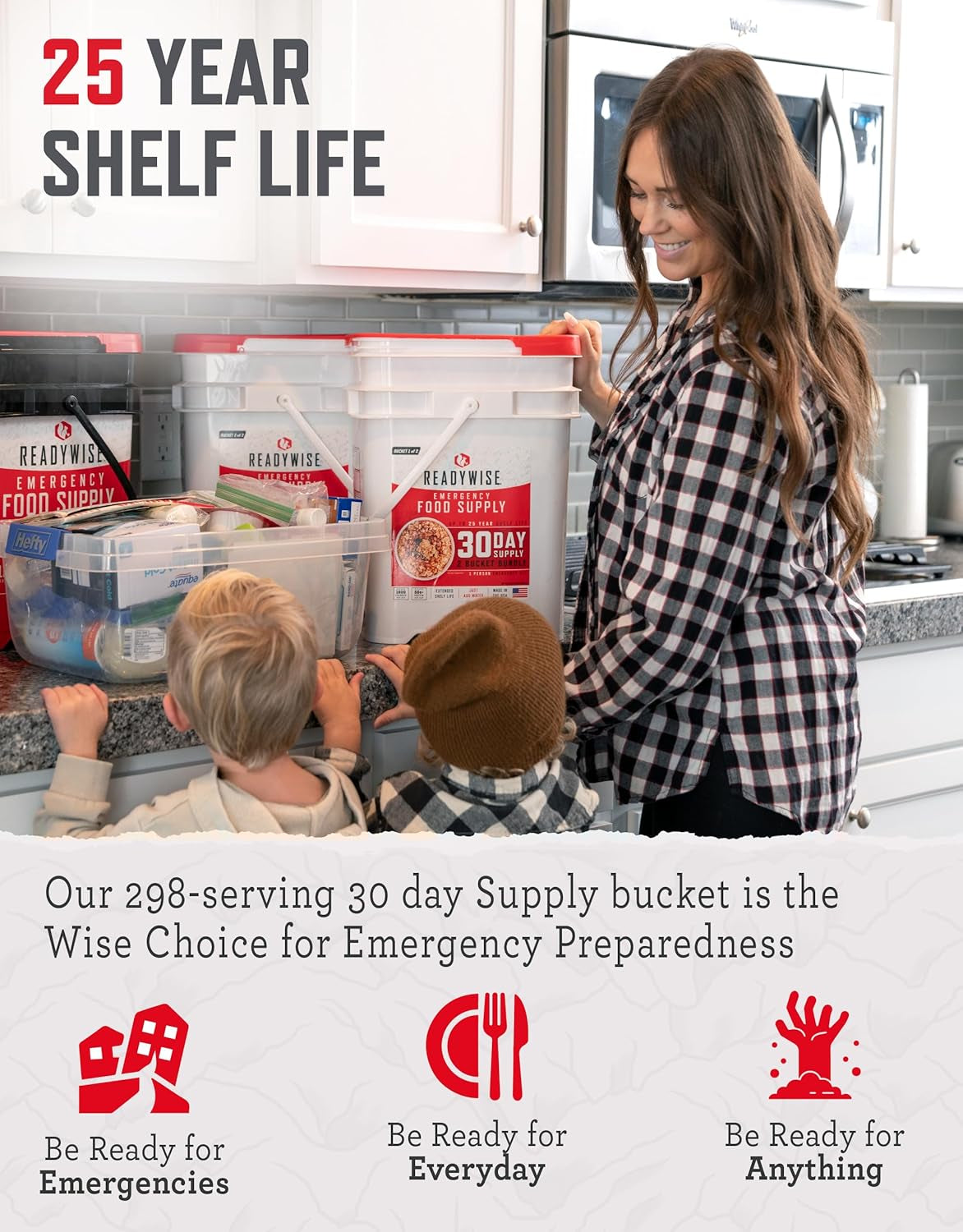 30 Day Emergency Food Supply - 296 Servings, 2 Buckets, Freeze Dried Protein Meals, Survival Food Storage, Ready to Eat, up to 25 Year Shelf Life