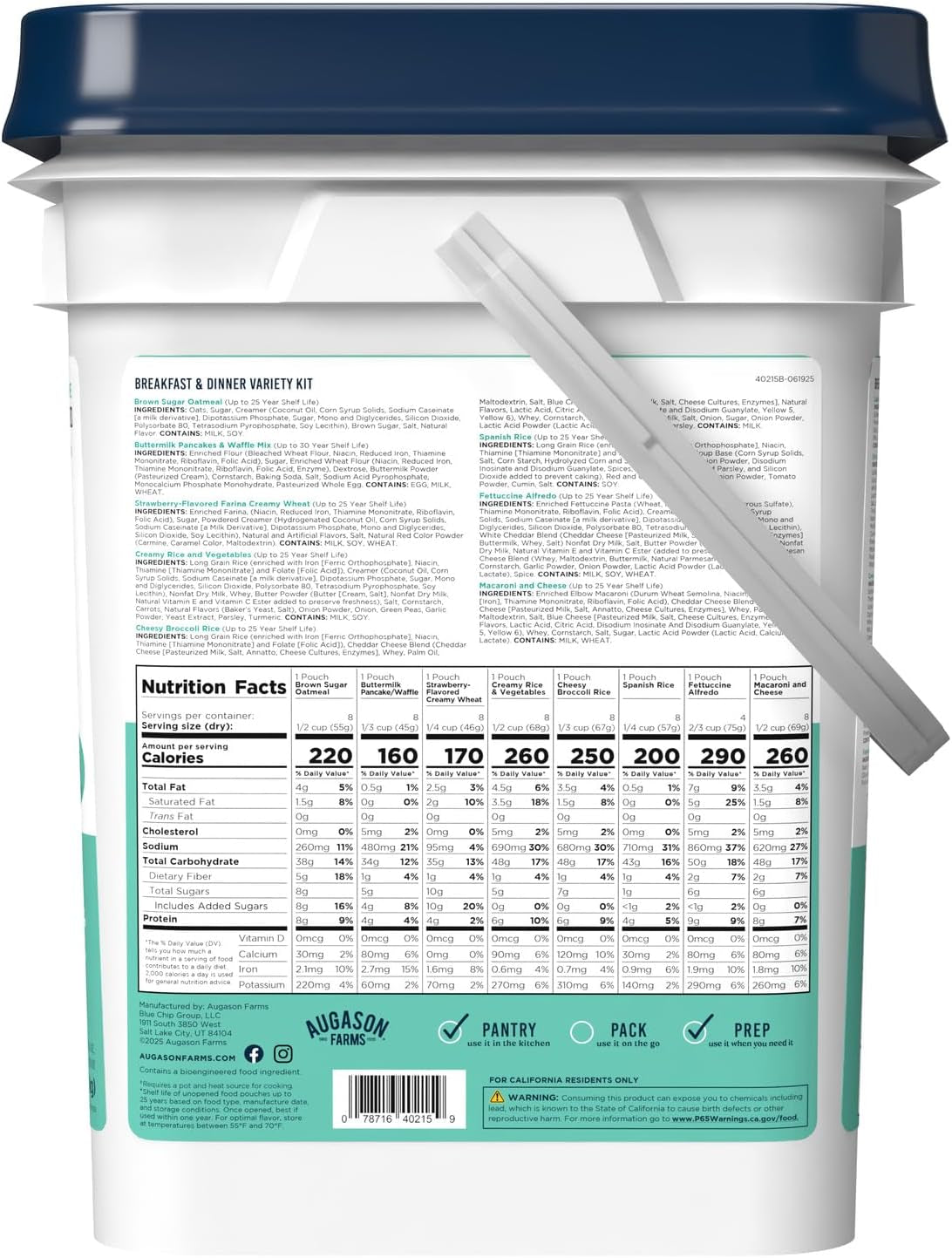 Breakfast and Dinner Variety Kit, Emergency Food Supply Dehydrated Meal Survival Bucket - 119 Servings