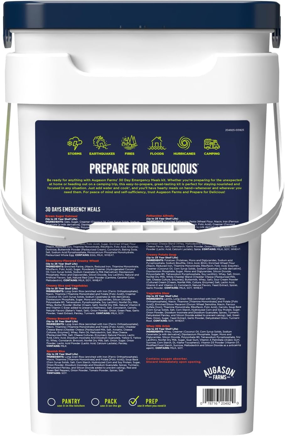 30 Day Emergency Food Supply Kit, Dehydrated Meal Survival Food Bucket for 1 Person - 194 Servings
