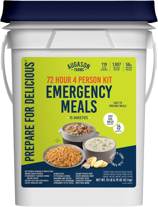 Four Person 72 Hour Emergency Food Supply, 119 Servings, 25 Year Shelf Life, Feeds 4 People - Survival Food Camping Essentials, Family Meals Prepared Dinner, Lunch, and Breakfast