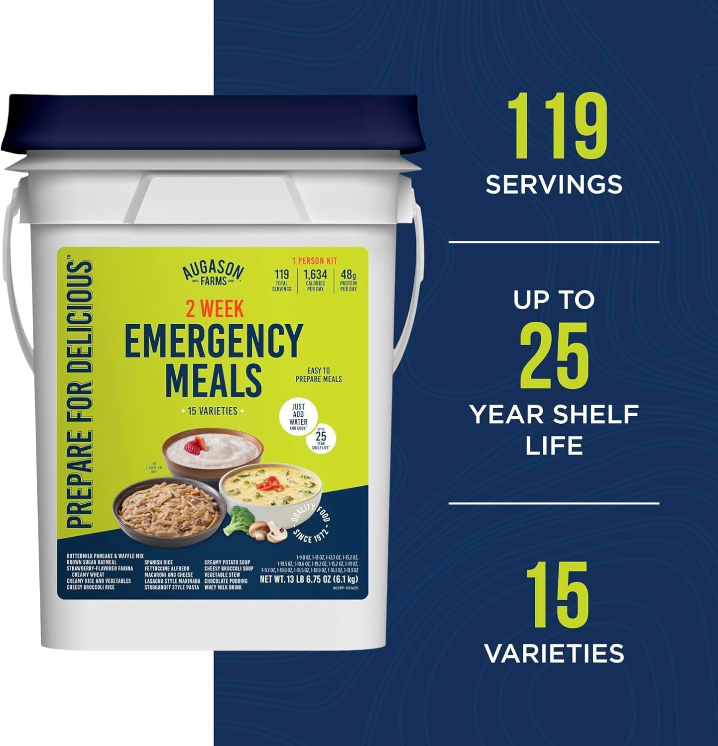 2 Week Emergency Food Supply Kit, Dehydrated Meal Survival Food Bucket for 1 Person - 119 Servings