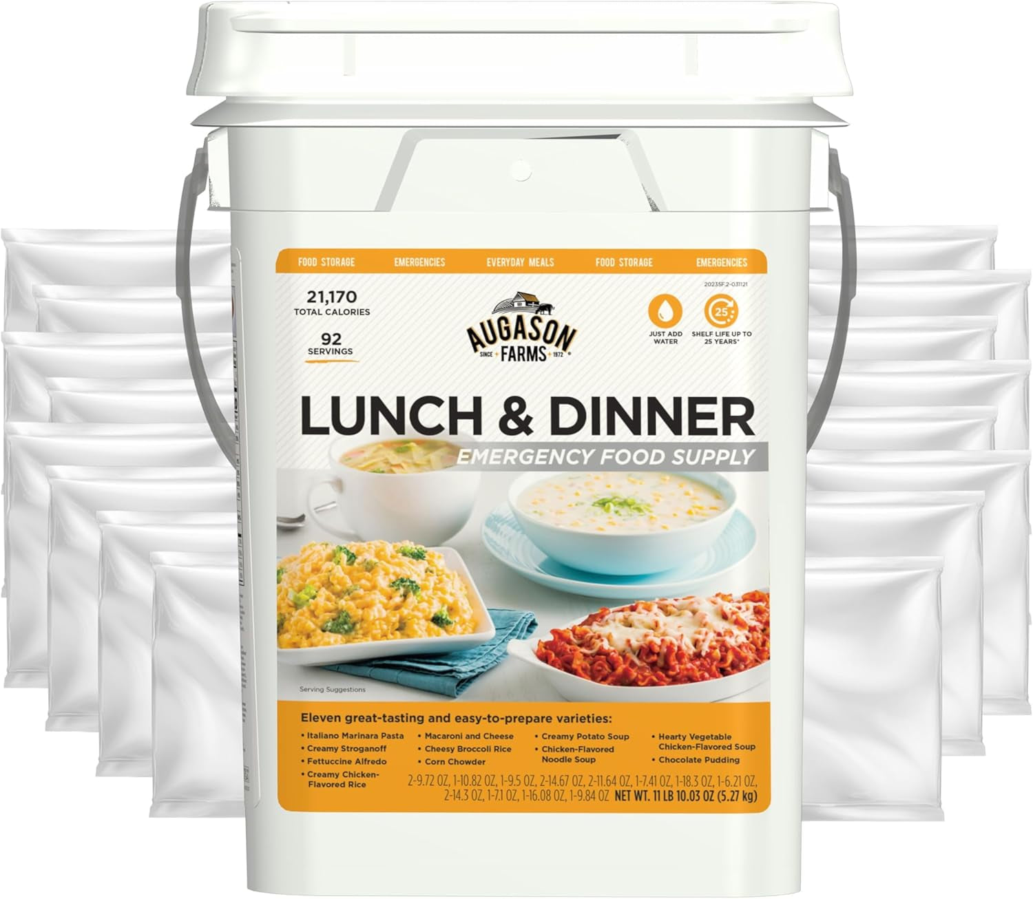 Lunch & Dinner Variety Kit Emergency Food Supply, 113 Servings, 25 Year Shelf Life - Dehydrated Meals, Survival Food Camping Essentials, 4 Gallon Bucket