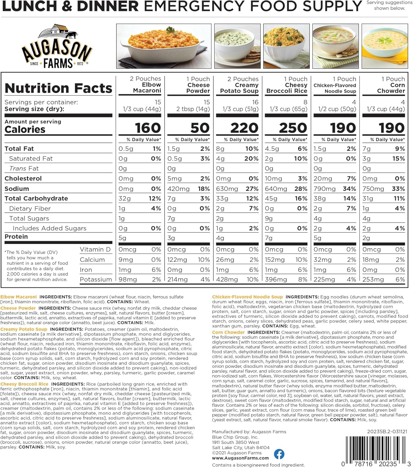 Lunch & Dinner Variety Kit Emergency Food Supply, 113 Servings, 25 Year Shelf Life - Dehydrated Meals, Survival Food Camping Essentials, 4 Gallon Bucket