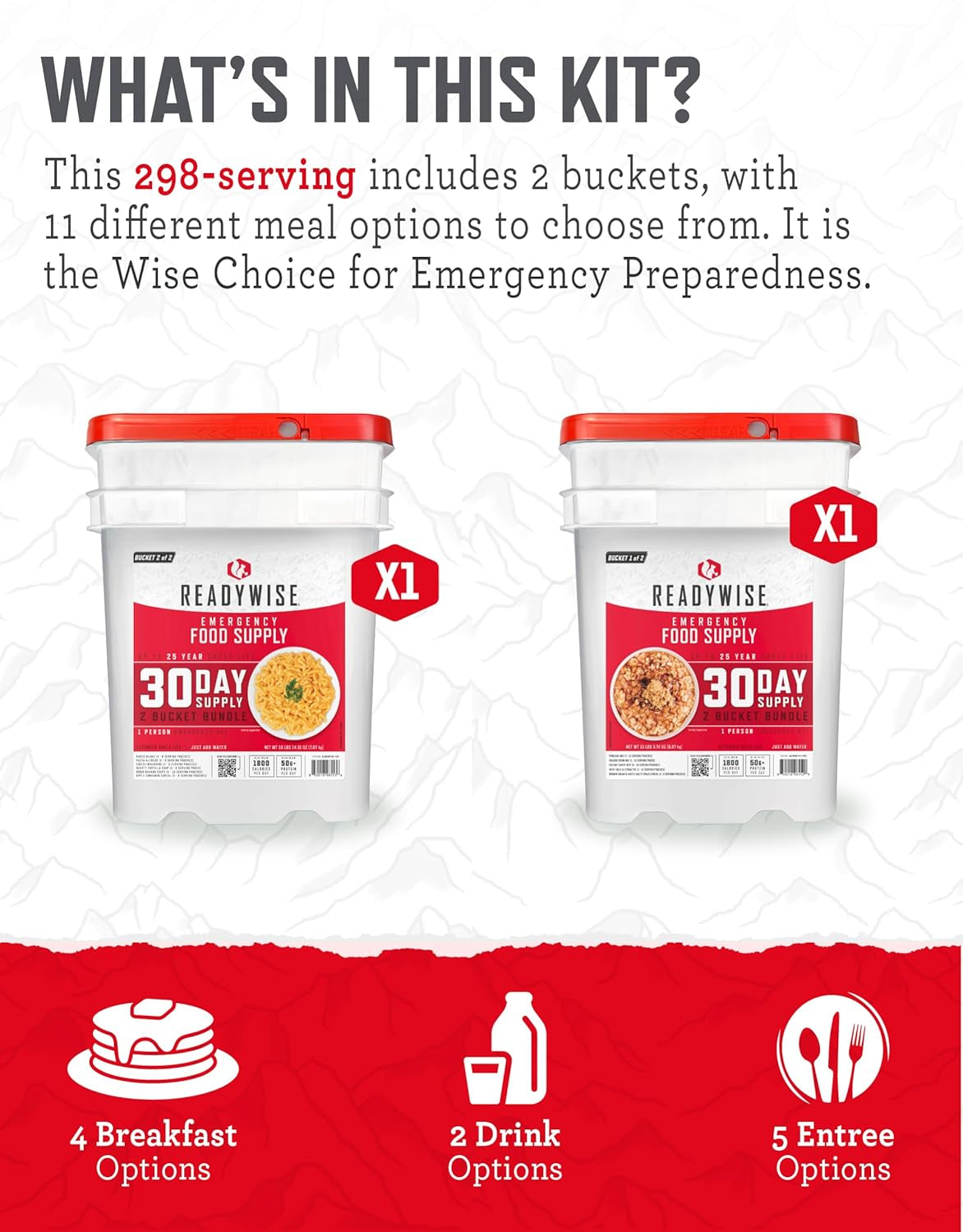 30 Day Emergency Food Supply - 296 Servings, 2 Buckets, Freeze Dried Protein Meals, Survival Food Storage, Ready to Eat, up to 25 Year Shelf Life