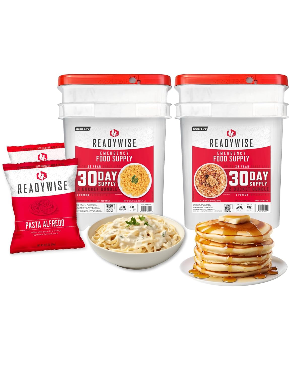 30 Day Emergency Food Supply - 296 Servings, 2 Buckets, Freeze Dried Protein Meals, Survival Food Storage, Ready to Eat, up to 25 Year Shelf Life
