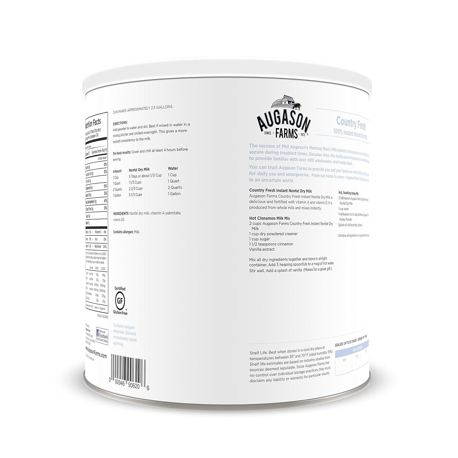 Country Fresh Instant Nonfat Dry Milk Powder, 39 Servings, 20 Year Shelf Life, Gluten Free - Canned Vitamin-Fortified Nonfat Milk Powder for Baking and Emergency Food Supplies