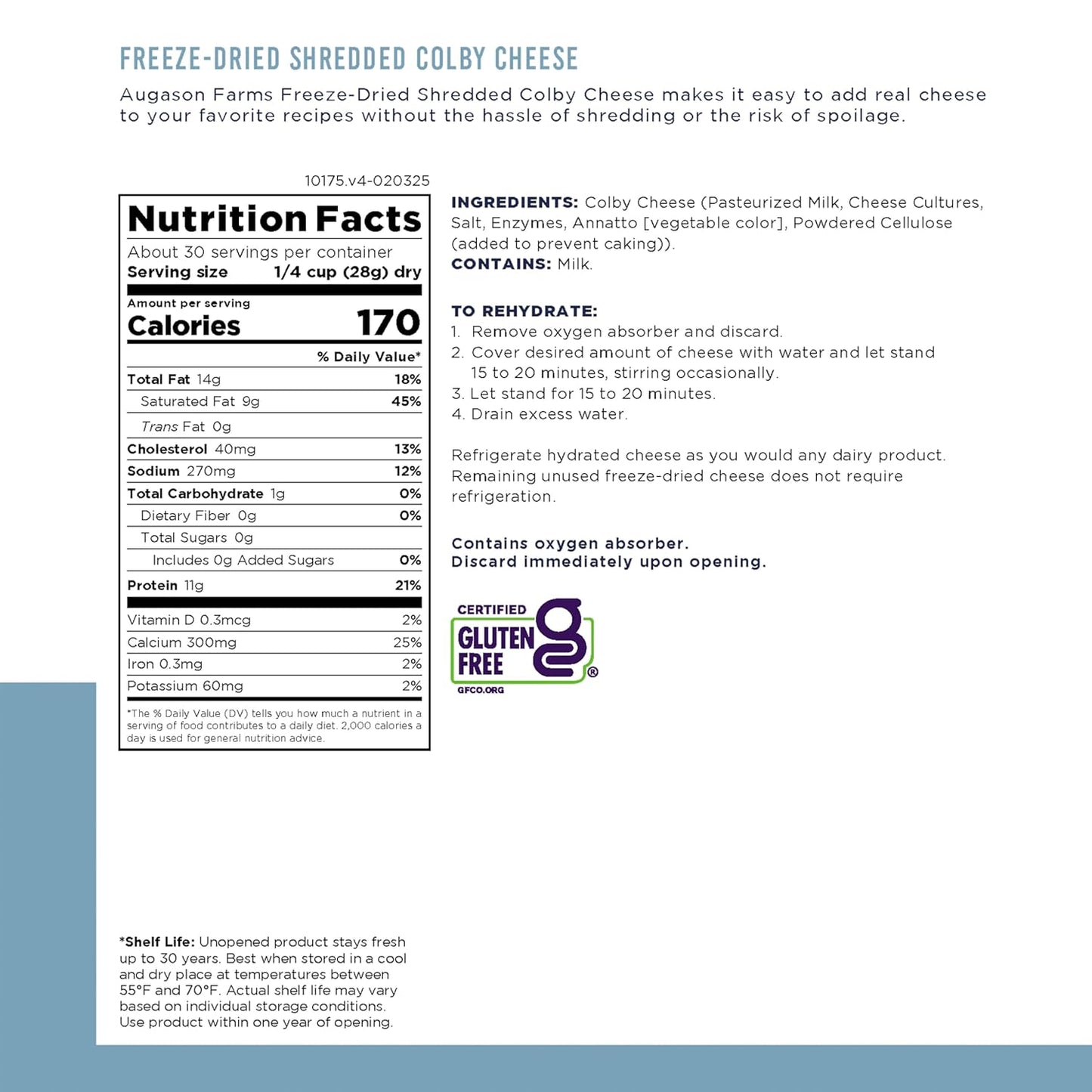 Freeze Dried Shredded Colby Cheese Can, Emergency Food Supply, Everyday Meals, 30 Servings