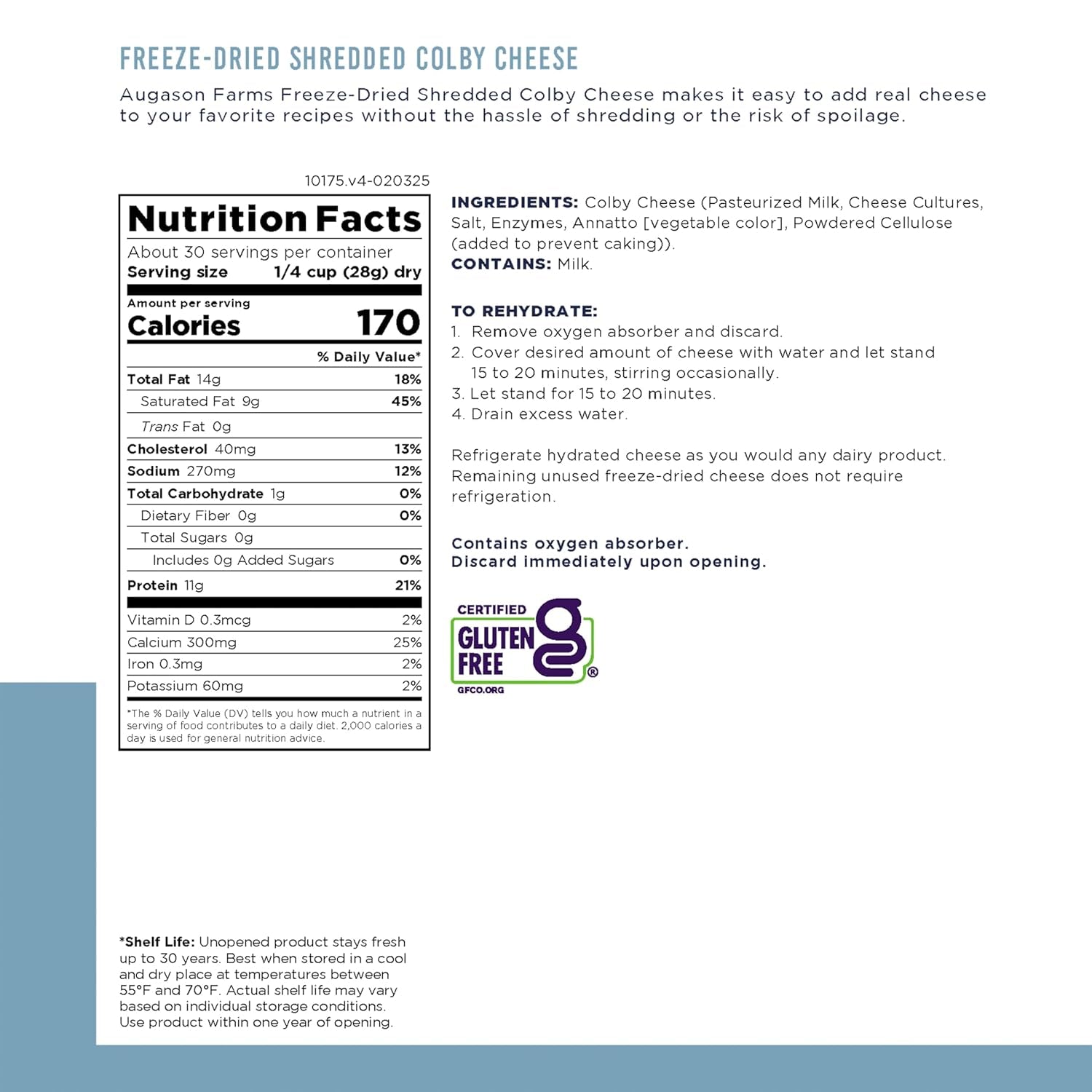 Freeze Dried Shredded Colby Cheese Can, Emergency Food Supply, Everyday Meals, 30 Servings